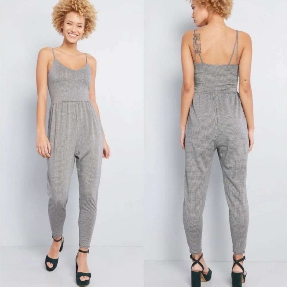ModCloth Womens Black White Gingham Knit Spaghetti Strap Jumpsuit Size Medium